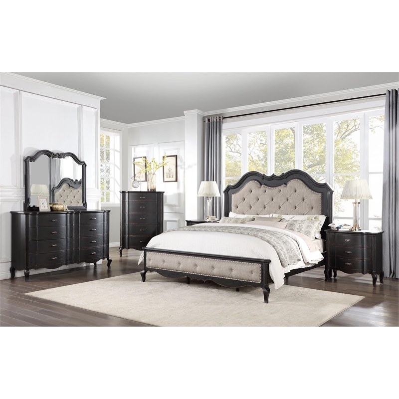 Pemberly Row Tufted Fabric & Wood Eastern King Bed in Beige/Antique Black