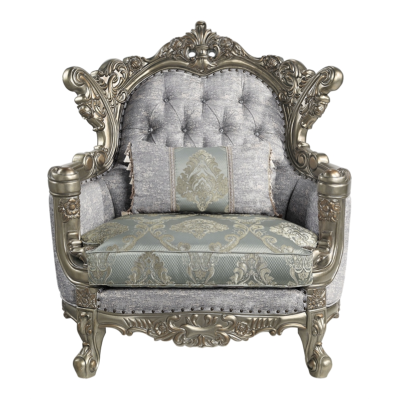 Pemberly Row Tufted Fabric/Wood Chair w/ Pillow in Gray/Antique Bronze