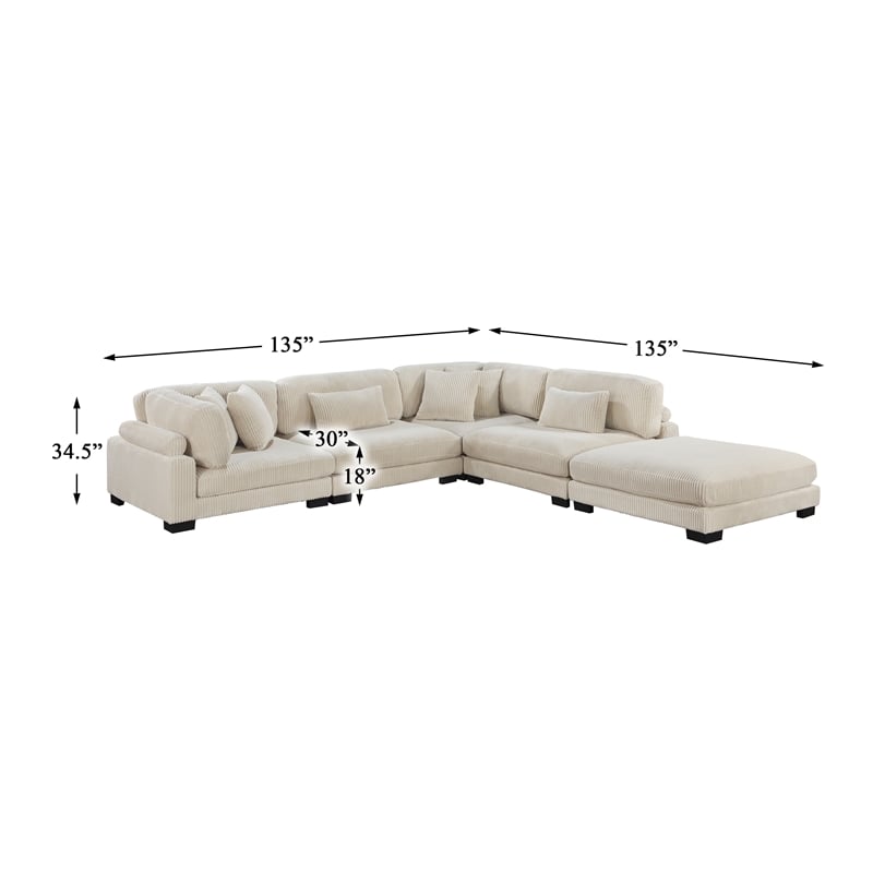 Pemberly Row Contemporary 5-Piece CorduFabric Modular Sectional in Beige