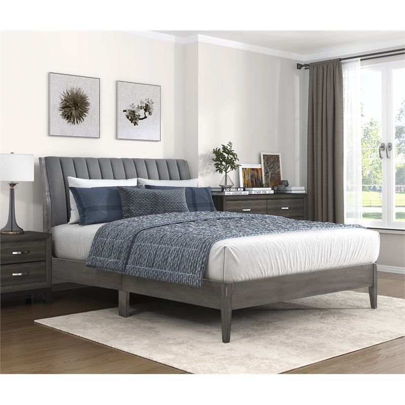 Pemberly Row Contemporary Wood & Velvet Queen Size Platform Bed in Gray
