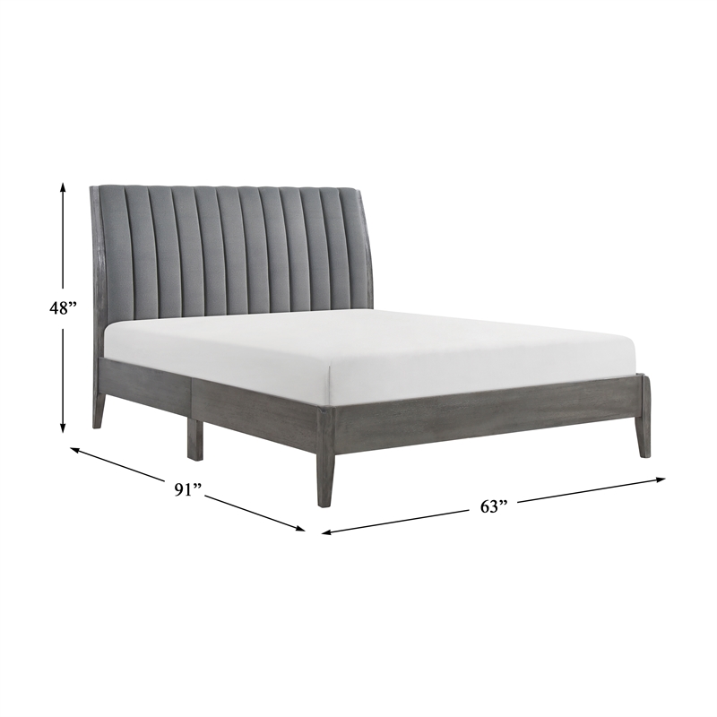Pemberly Row Contemporary Wood & Velvet Queen Size Platform Bed in Gray