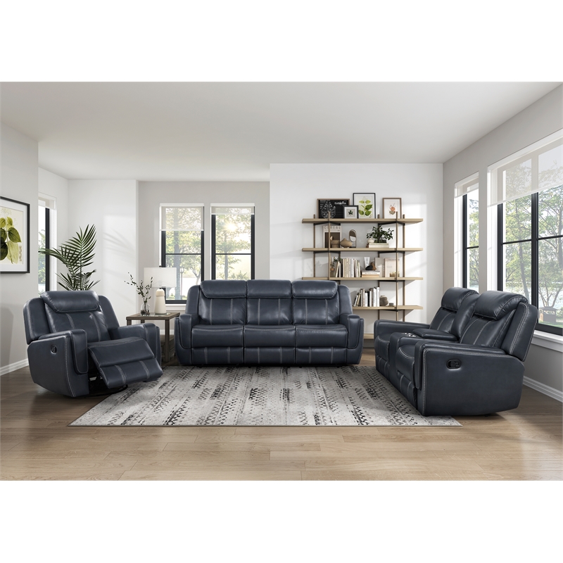 Pemberly Row Upholstered Faux Leather Double Reclining Loveseat in Blue