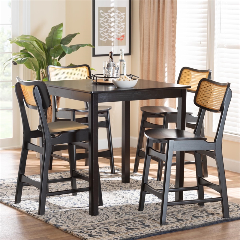 Pemberly Row Contemporary 5-Piece Wood & Rattan Pub Set in Dark Brown