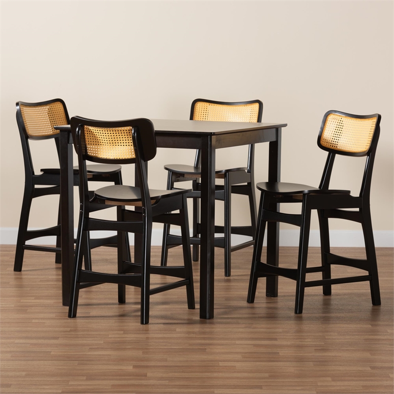 Pemberly Row Contemporary 5-Piece Wood & Rattan Pub Set in Dark Brown
