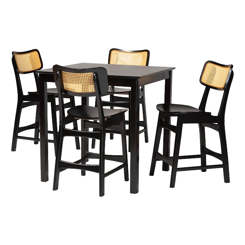 Pemberly Row Contemporary 5-Piece Wood & Rattan Pub Set in Dark Brown