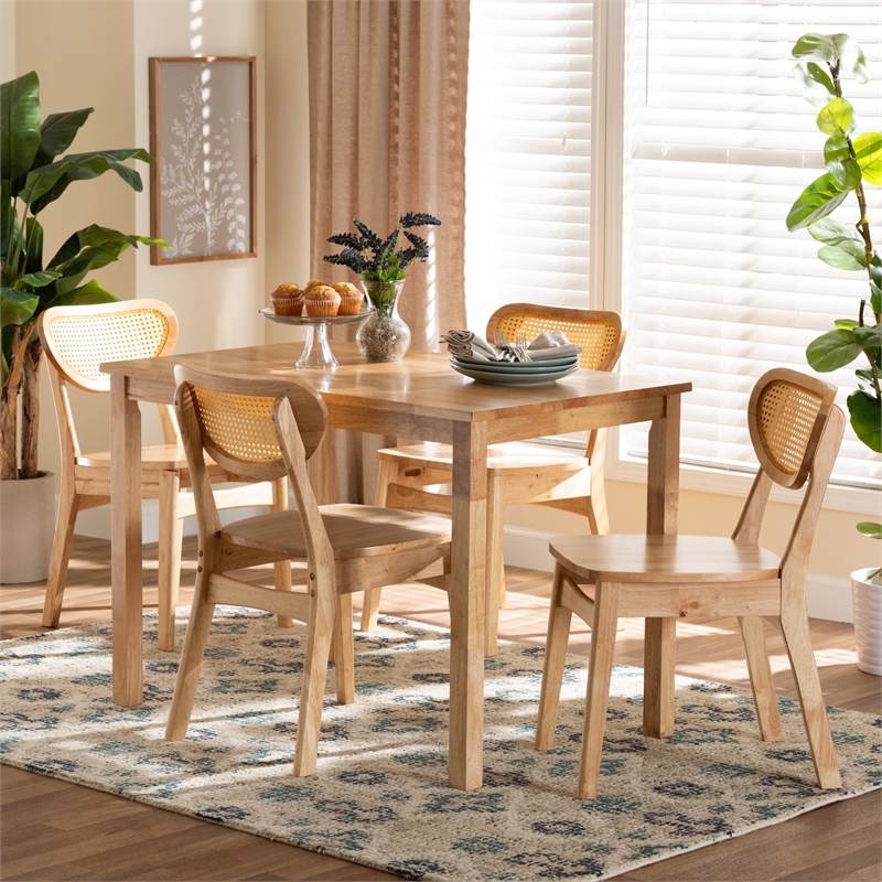 Pemberly Row Contemporary 5-Piece Wood & Rattan Dining Set in Oak Brown