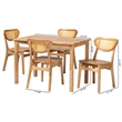 Pemberly Row Contemporary 5-Piece Wood & Rattan Dining Set in Oak Brown