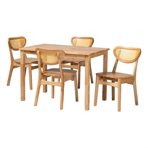 Pemberly Row Contemporary 5-Piece Wood & Rattan Dining Set in Oak Brown