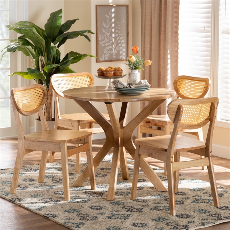 Pemberly Row Contemporary 5-Piece Wood & Rattan Dining Set in Oak Brown