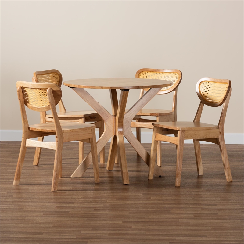Pemberly Row Contemporary 5-Piece Wood & Rattan Dining Set in Oak Brown