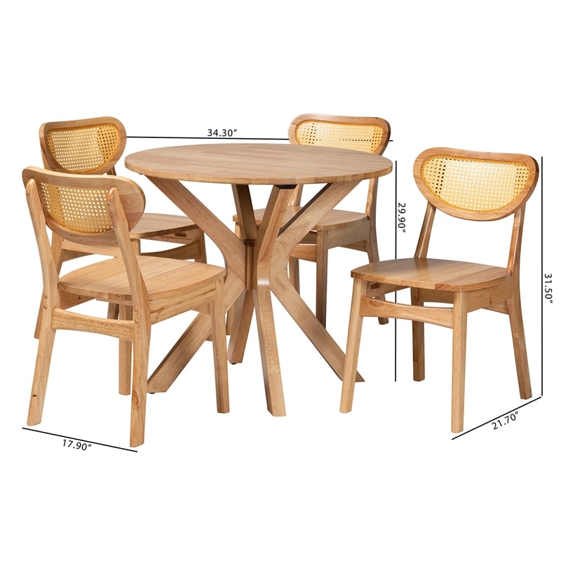 Pemberly Row Contemporary 5-Piece Wood & Rattan Dining Set in Oak Brown