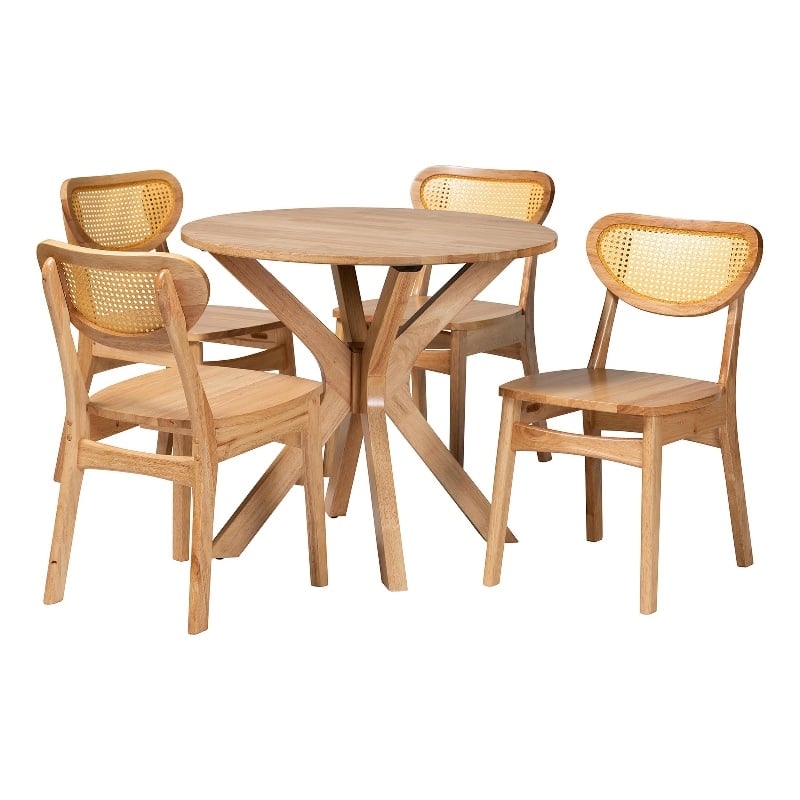 Pemberly Row Contemporary 5-Piece Wood & Rattan Dining Set in Oak Brown