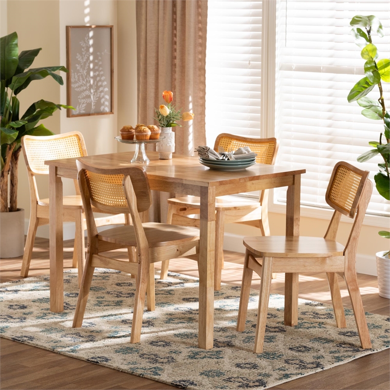Pemberly Row Contemporary Wood & Rattan 5-Piece Dining Set in Oak Brown