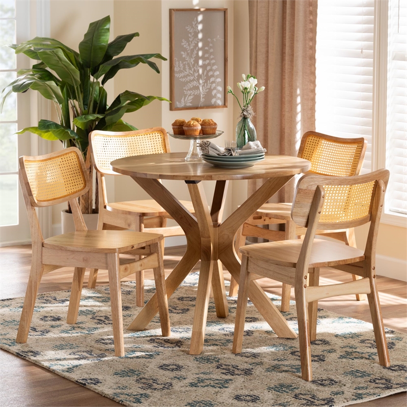 Pemberly Row Contemporary 5-Piece Wood & Rattan Dining Set in Oak Brown