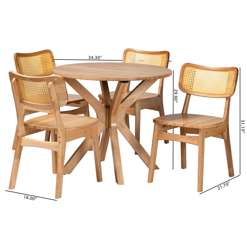 Pemberly Row Contemporary 5-Piece Wood & Rattan Dining Set in Oak Brown
