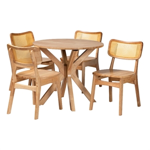 Pemberly Row Contemporary 5-Piece Wood & Rattan Dining Set in Oak Brown