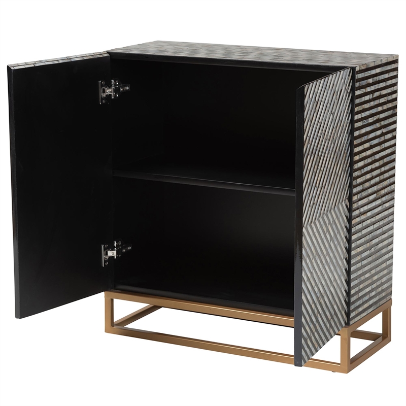 Pemberly Row Mother of Pearl & Metal Storage Cabinet in Black/Gray/Gold