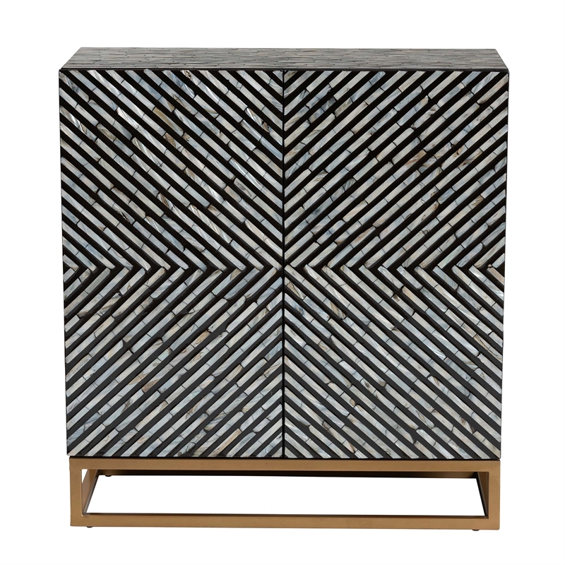 Pemberly Row Mother of Pearl & Metal Storage Cabinet in Black/Gray/Gold