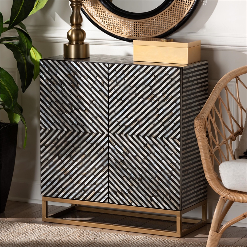 Pemberly Row Mother of Pearl & Metal Storage Cabinet in Black/Gray/Gold