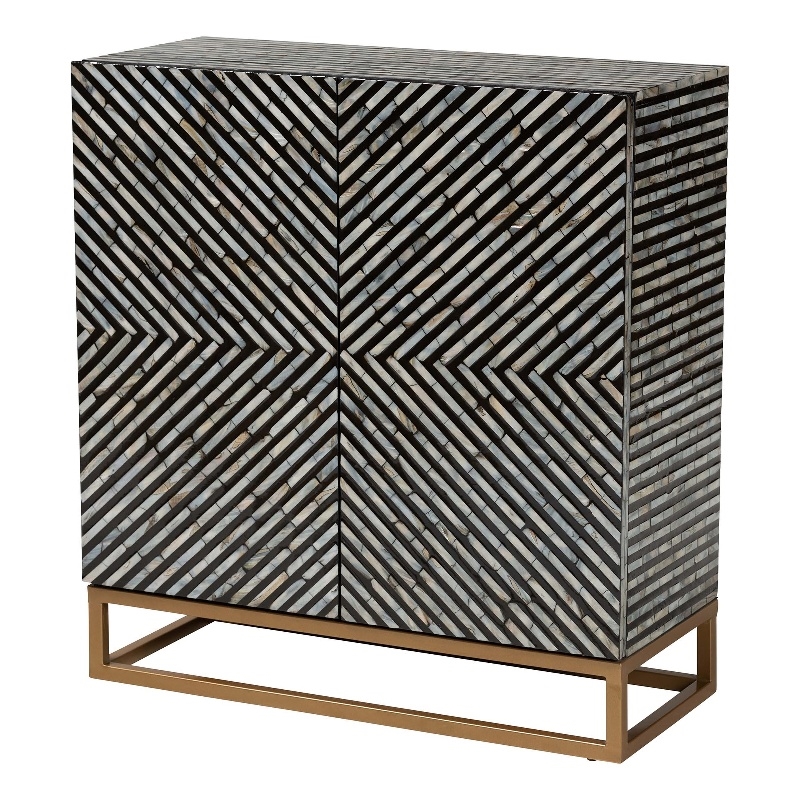 Pemberly Row Mother of Pearl & Metal Storage Cabinet in Black/Gray/Gold