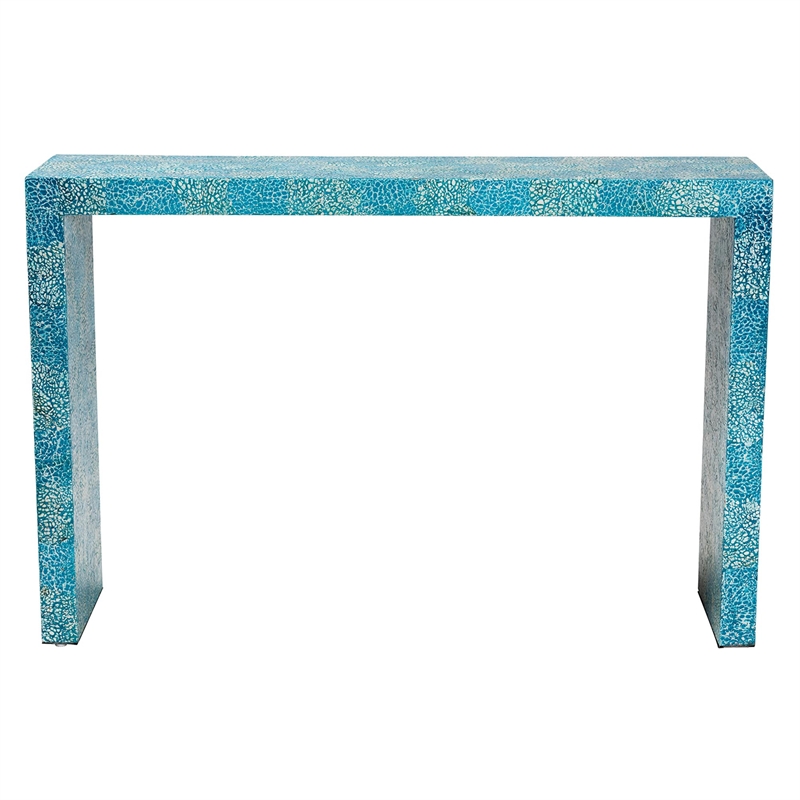 Pemberly Row Contemporary Mother of Pearl & Wood Console Table in Blue