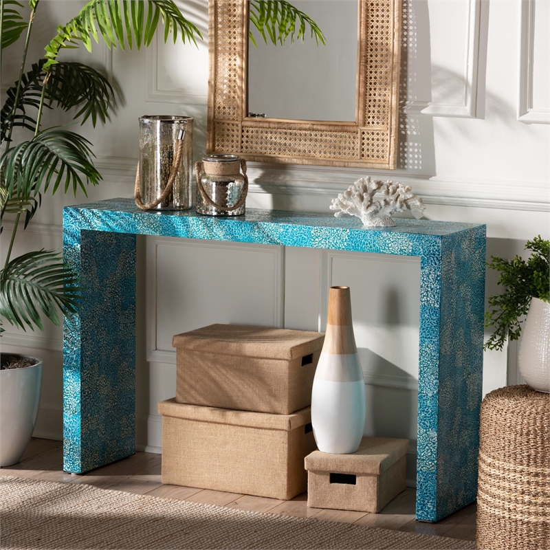Pemberly Row Contemporary Mother of Pearl & Wood Console Table in Blue