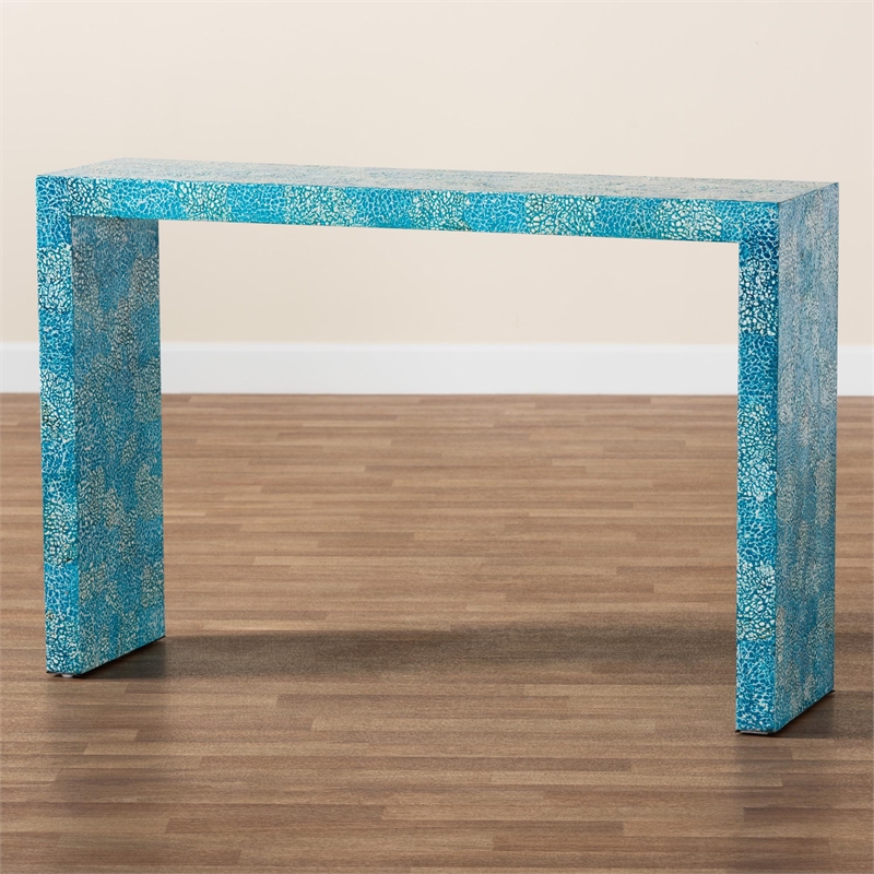 Pemberly Row Contemporary Mother of Pearl & Wood Console Table in Blue
