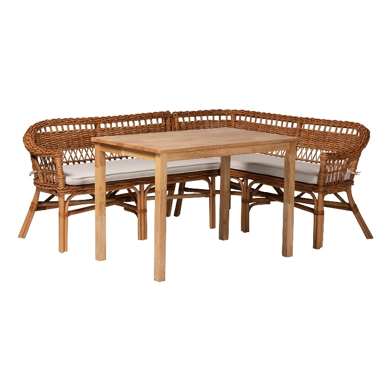 Pemberly Row Contemporary 3-Piece Wood & Rattan Dining Nook Set in Brown