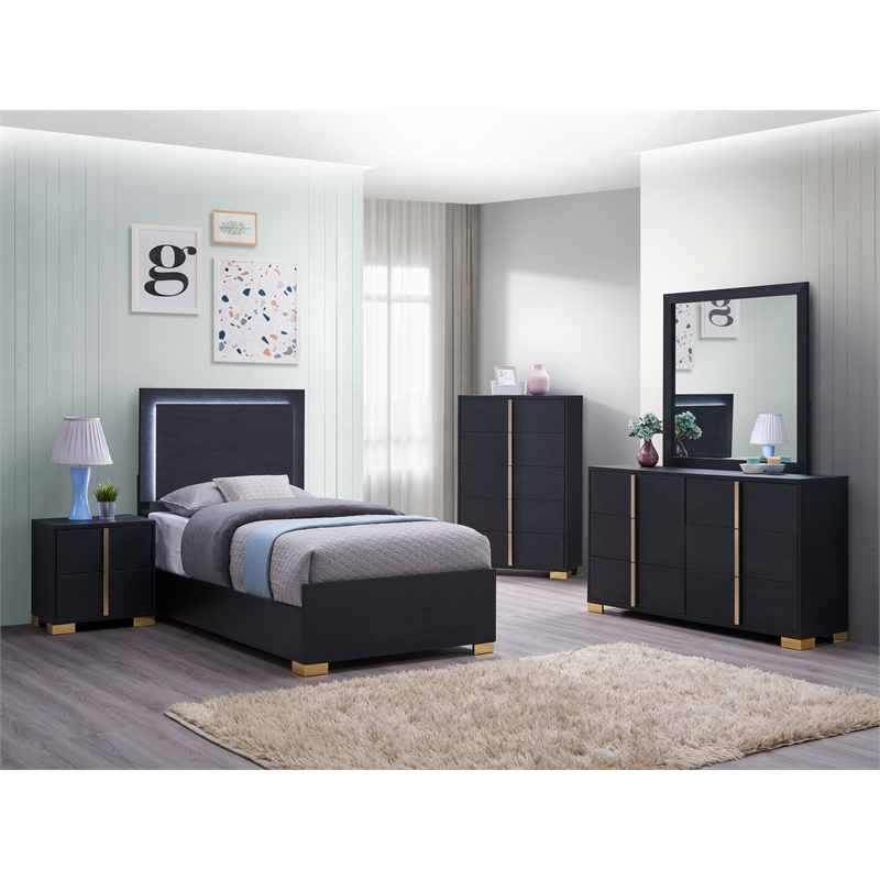 Pemberly Row 5-piece Contemporary Wood Twin Bedroom Set Black and Gold