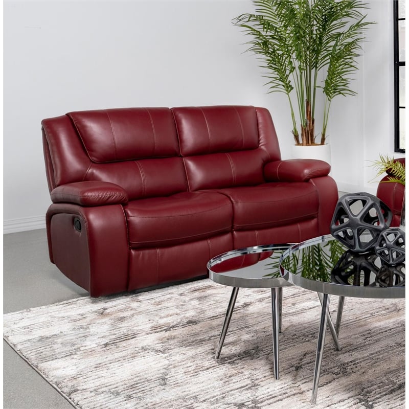 Pemberly Row Transitional Faux Leather Upholstered Motion Loveseat Red