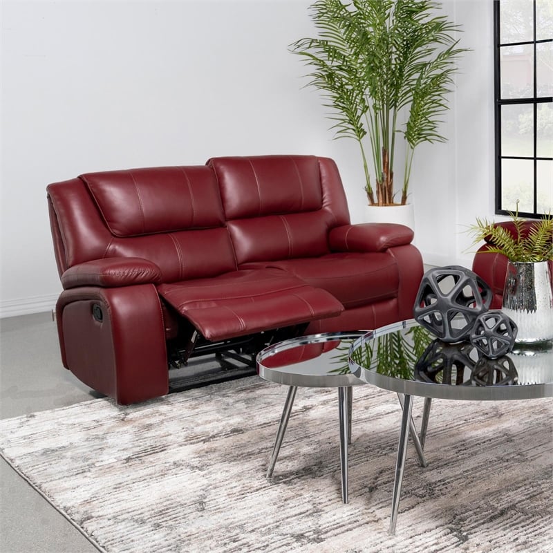 Pemberly Row Transitional Faux Leather Upholstered Motion Loveseat Red