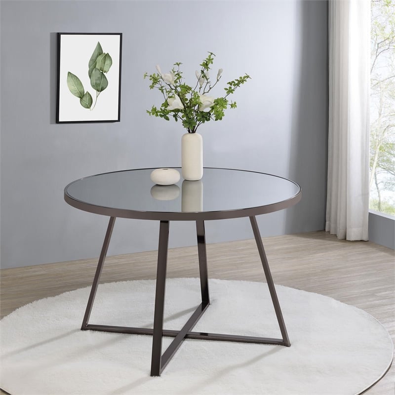 Pemberly Row Contemporary Metal Round Dining Table Black Nickel and Mirror