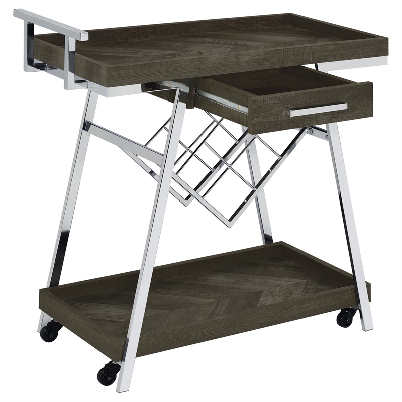 Pemberly Row 1-drawer Contemporary Wood Bar Cart w/ Shelving in Gray & Chrome