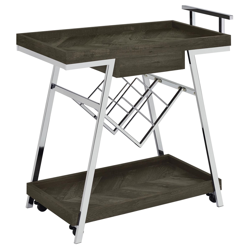 Pemberly Row 1-drawer Contemporary Wood Bar Cart w/ Shelving in Gray & Chrome
