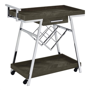Pemberly Row 1-drawer Contemporary Wood Bar Cart w/ Shelving in Gray & Chrome