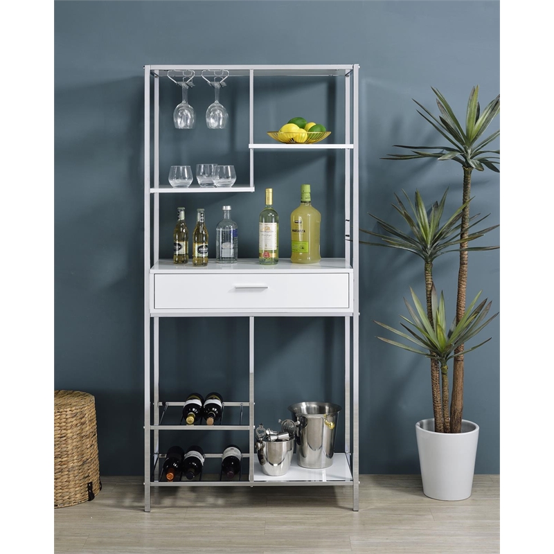 Pemberly Row 1-drawer Contemporary Metal Bar Cabinet w/ Shelving White & Chrome