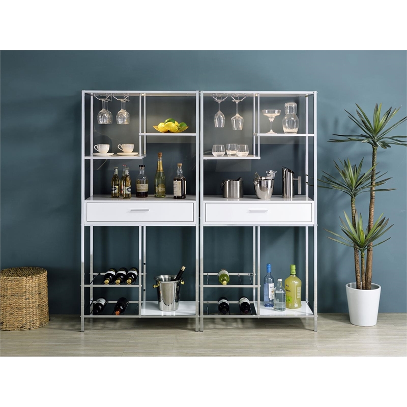 Pemberly Row 1-drawer Contemporary Metal Bar Cabinet w/ Shelving White & Chrome