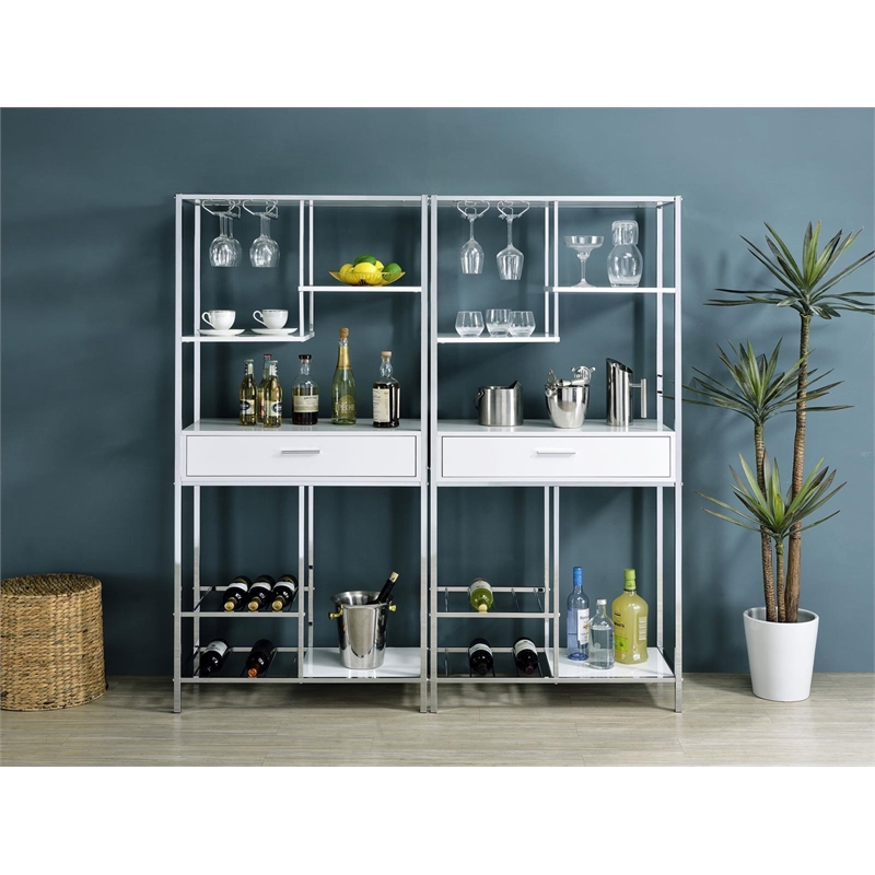 Pemberly Row 1-drawer Contemporary Metal Bar Cabinet w/ Shelving White & Chrome