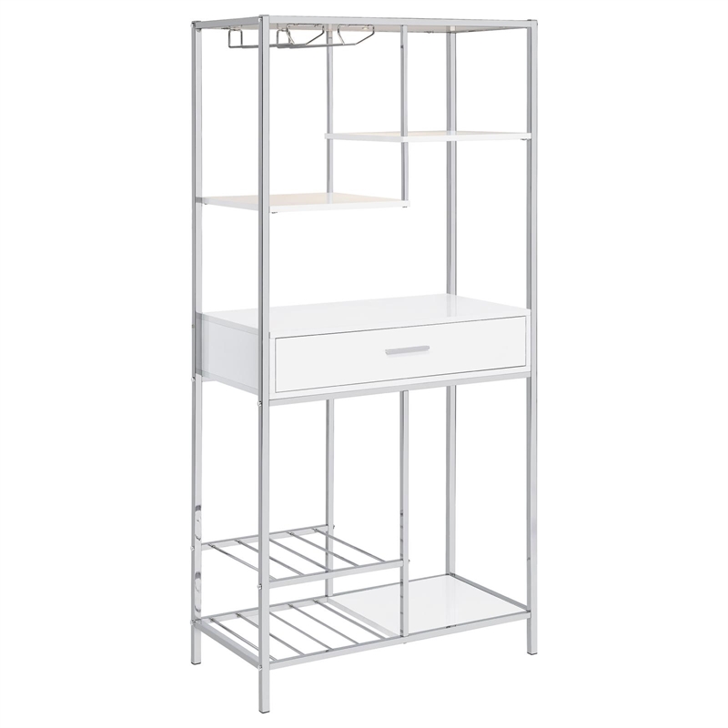 Pemberly Row 1-drawer Contemporary Metal Bar Cabinet w/ Shelving White & Chrome