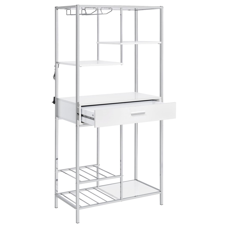 Pemberly Row 1-drawer Contemporary Metal Bar Cabinet w/ Shelving White & Chrome