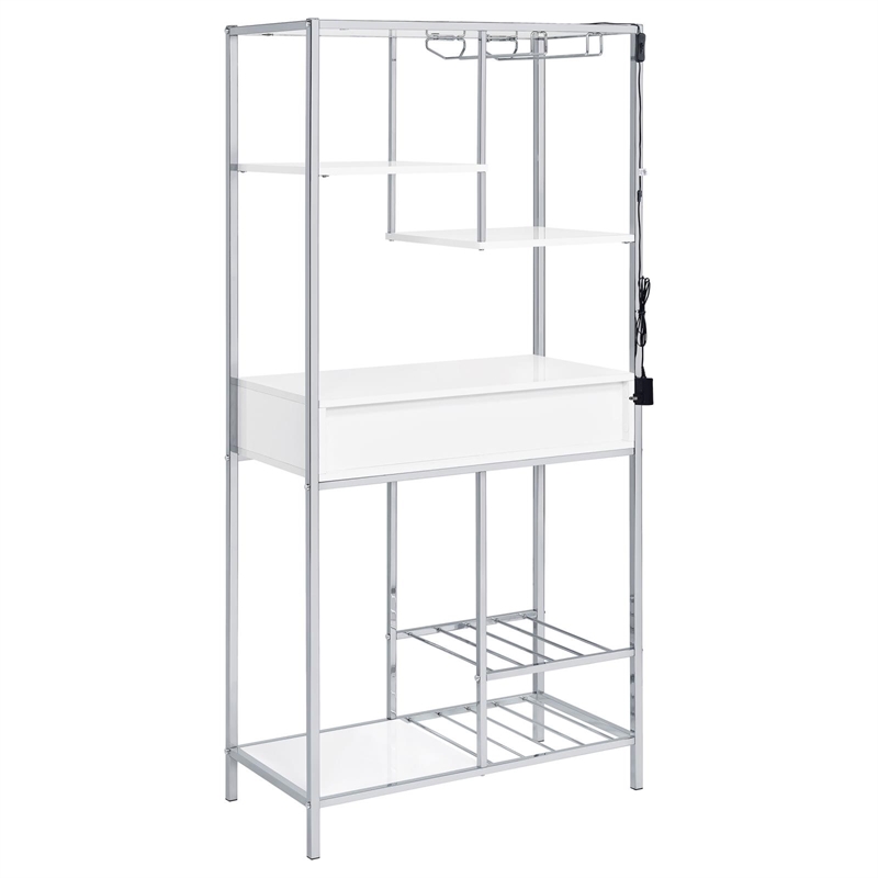 Pemberly Row 1-drawer Contemporary Metal Bar Cabinet w/ Shelving White & Chrome