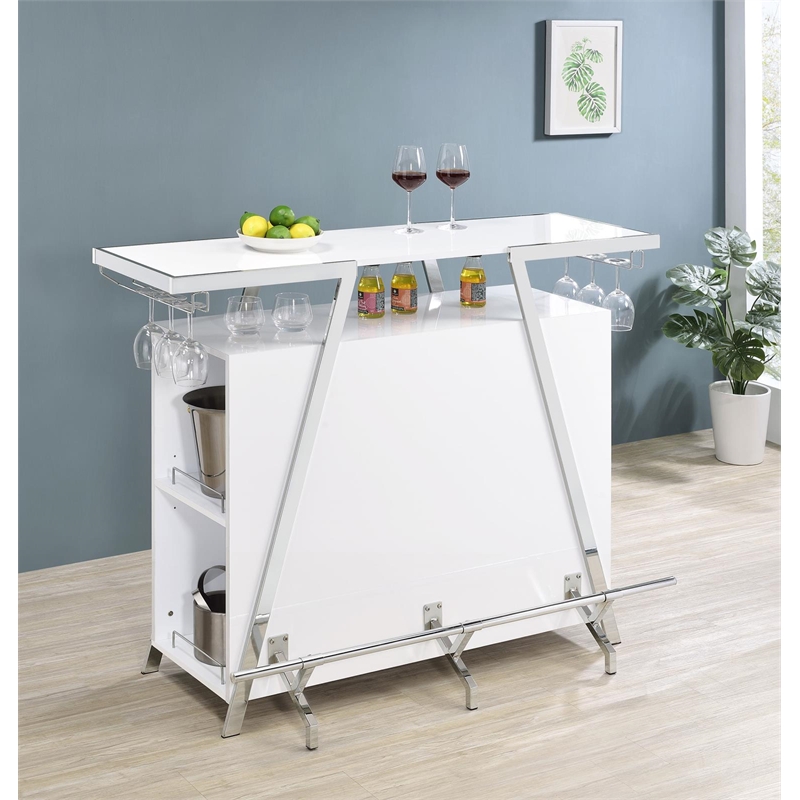 Pemberly Row Contemporary Wood Home Bar with Shelf in White and Chrome