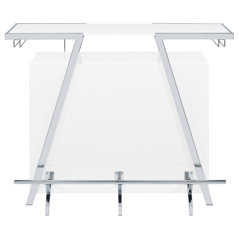 Pemberly Row Contemporary Wood Home Bar with Shelf in White and Chrome