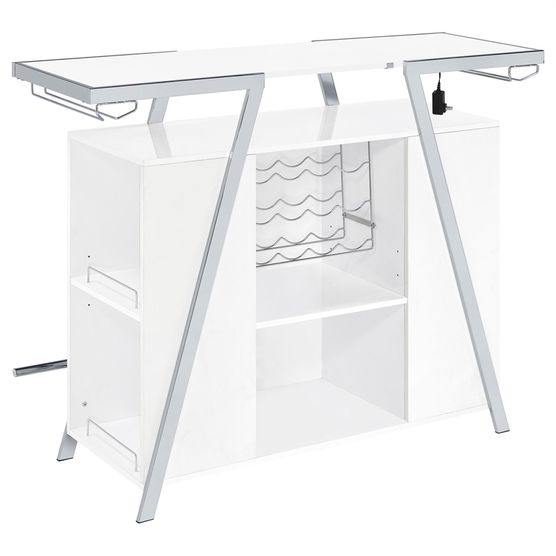 Pemberly Row Contemporary Wood Home Bar with Shelf in White and Chrome