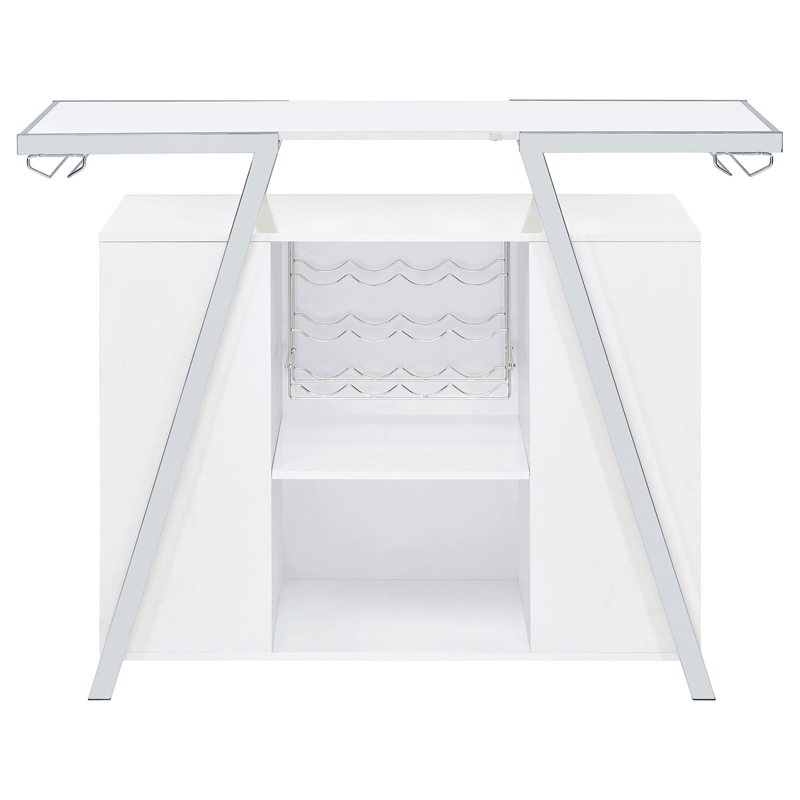 Pemberly Row Contemporary Wood Home Bar with Shelf in White and Chrome