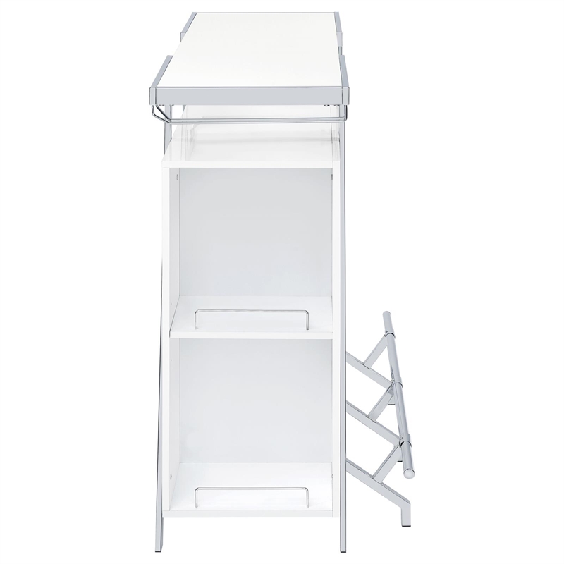 Pemberly Row Contemporary Wood Home Bar with Shelf in White and Chrome