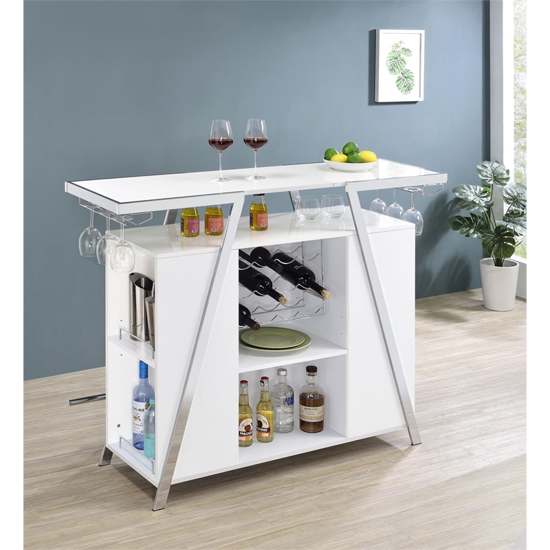 Pemberly Row Contemporary Wood Home Bar with Shelf in White and Chrome