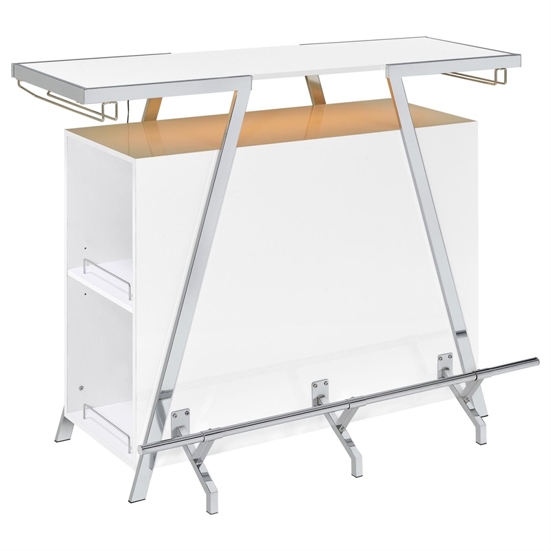 Pemberly Row Contemporary Wood Home Bar with Shelf in White and Chrome