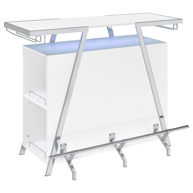 Pemberly Row Contemporary Wood Home Bar with Shelf in White and Chrome