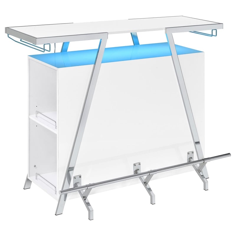 Pemberly Row Contemporary Wood Home Bar with Shelf in White and Chrome